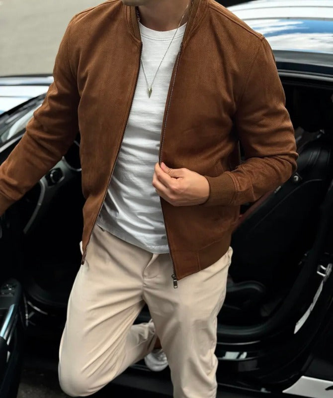 Men’s Brown Suede Leather Bomber Jacket | Soft Suede Finish Casual Outerwear