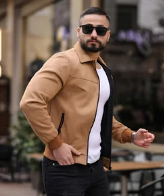 Men’s Tan Suede Leather Jacket | Stylish Lightweight Casual Outerwear