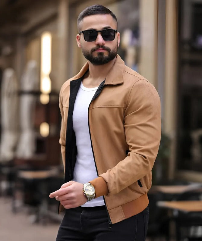 Men’s Tan Suede Leather Jacket | Stylish Lightweight Casual Outerwear