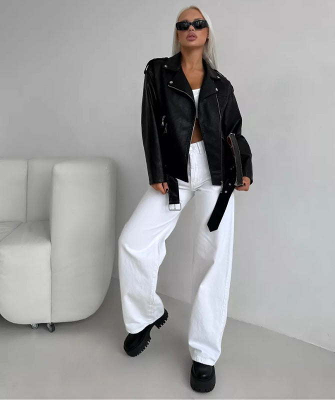 Classic Black Sheep Leather Moto Jacket for Women – Belted Biker Style with Oversized Fit