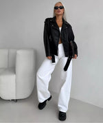 Classic Black Sheep Leather Moto Jacket for Women – Belted Biker Style with Oversized Fit