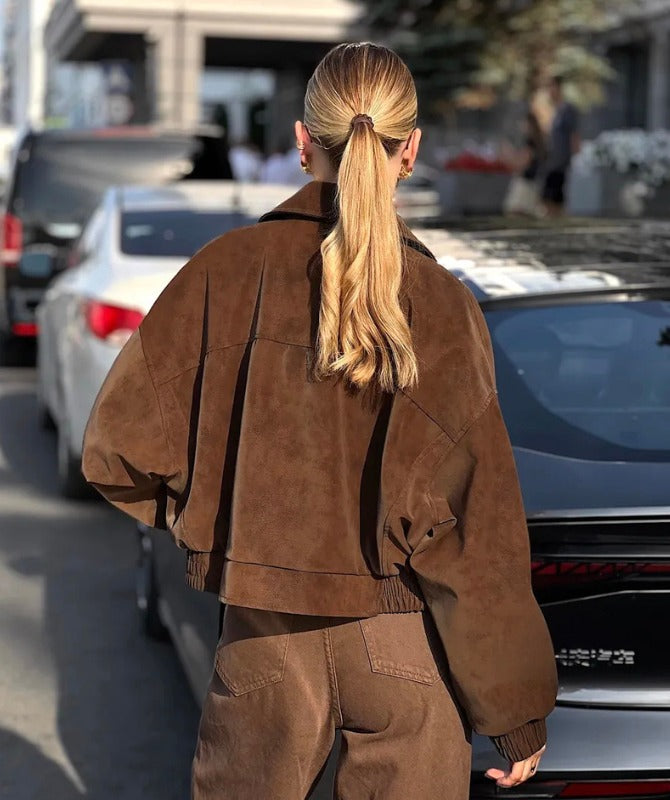 Premium Women’s Oversized Brown Sheep Leather Jacket – Streetwear Bomber Style