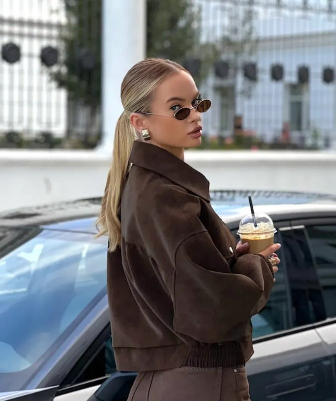 Premium Women’s Oversized Brown Sheep Leather Jacket – Streetwear Bomber Style