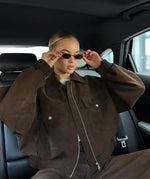 Premium Women’s Oversized Brown Sheep Leather Jacket – Streetwear Bomber Style