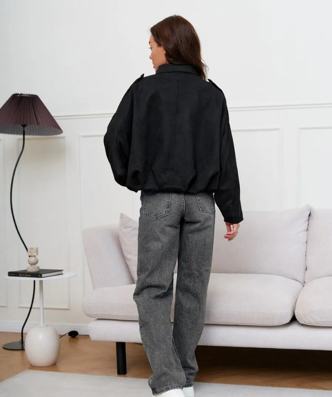 Women’s Oversized Black Sheep Leather Jacket – Minimalist Streetwear Bomber Style