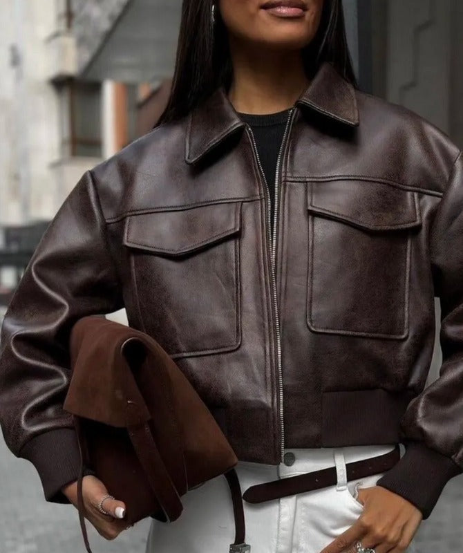 Women’s Classic Brown Sheep Leather Bomber Jacket – Premium Vintage Streetwear Style