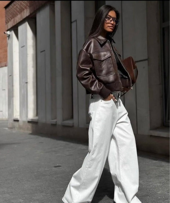 Women’s Classic Brown Sheep Leather Bomber Jacket – Premium Vintage Streetwear Style