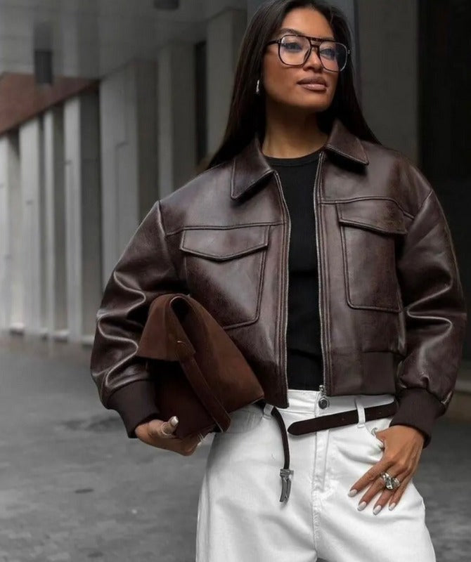 Women’s Classic Brown Sheep Leather Bomber Jacket – Premium Vintage Streetwear Style