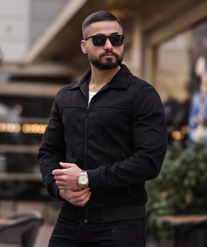 Men’s Black Suede Bomber Jacket | Stylish Casual Wear for Every Season