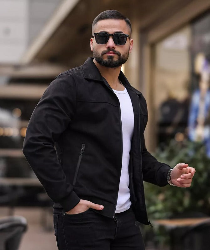 Men’s Black Suede Bomber Jacket | Stylish Casual Wear for Every Season