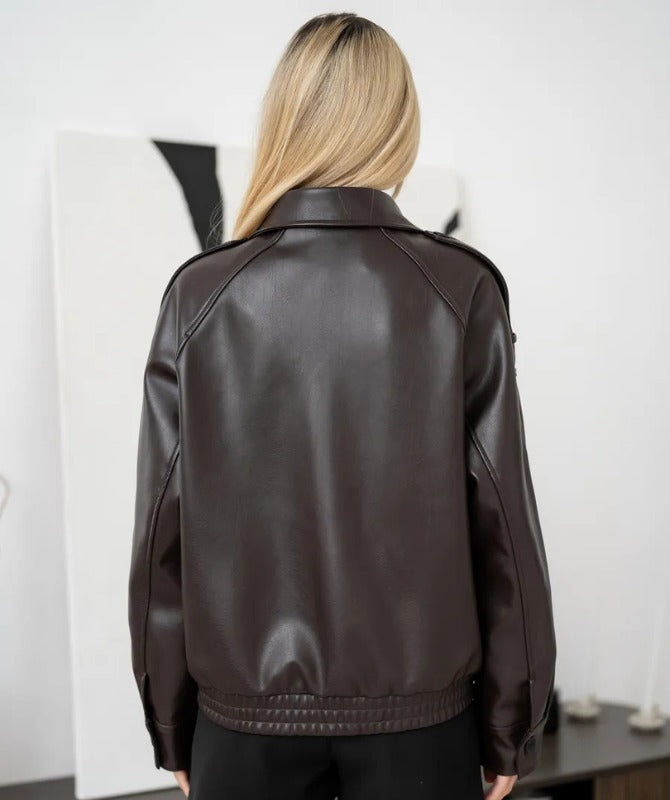 Women's Dark Brown Oversized Sheep Leather Jacket – Luxury Zip-Up Bomber Style