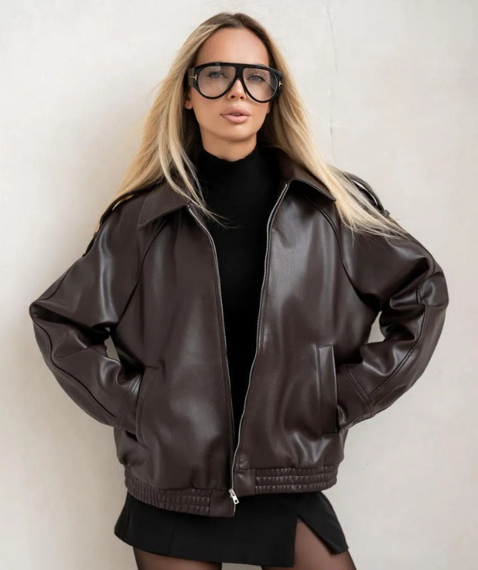 Women's Dark Brown Oversized Sheep Leather Jacket – Luxury Zip-Up Bomber Style