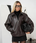 Women's Dark Brown Oversized Sheep Leather Jacket – Luxury Zip-Up Bomber Style