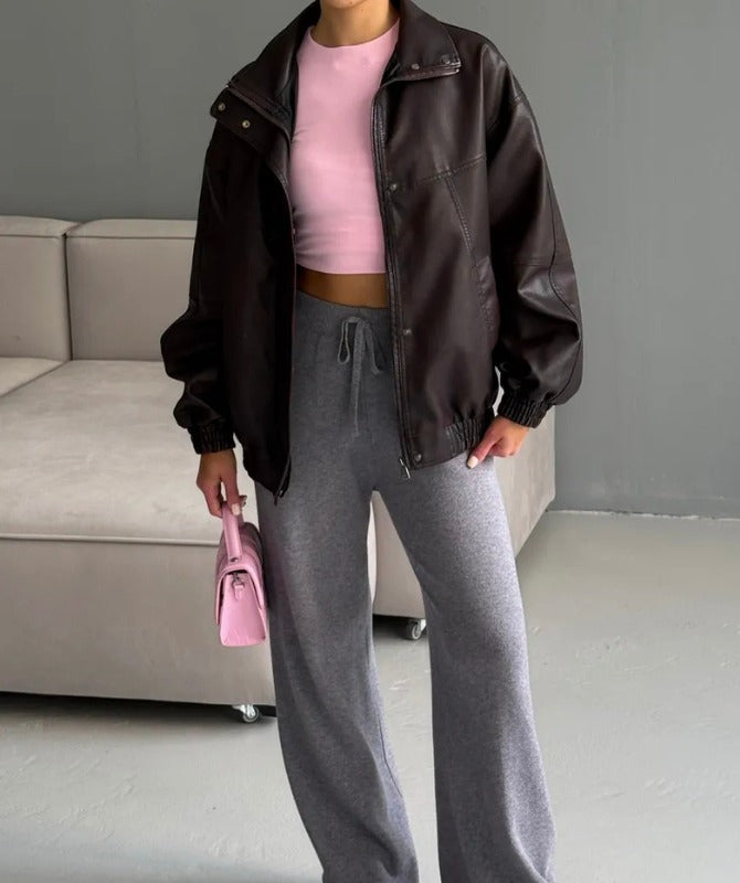 Premium Women’s Oversized Brown Sheep Leather Jacket – Vintage Bomber Style