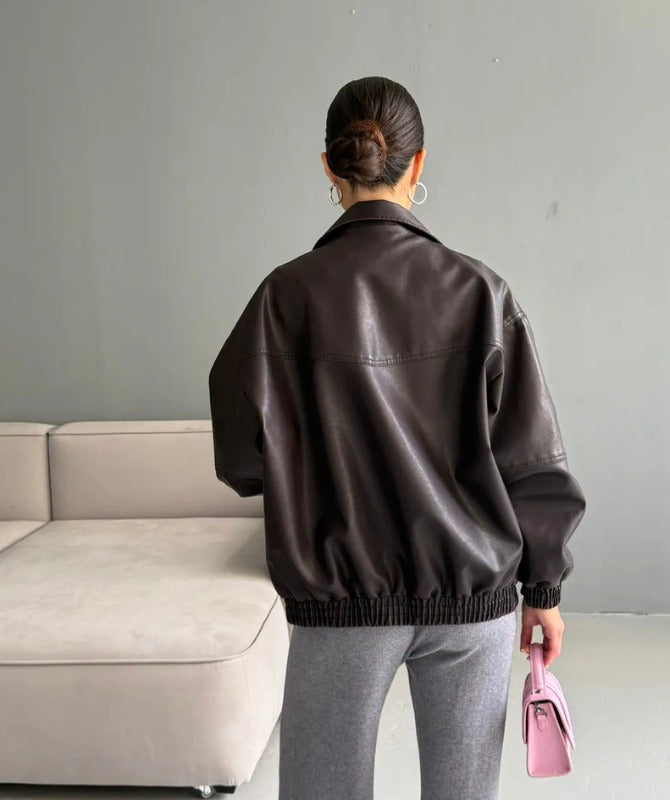 Premium Women’s Oversized Brown Sheep Leather Jacket – Vintage Bomber Style