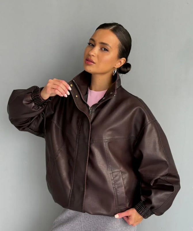 Premium Women’s Oversized Brown Sheep Leather Jacket – Vintage Bomber Style