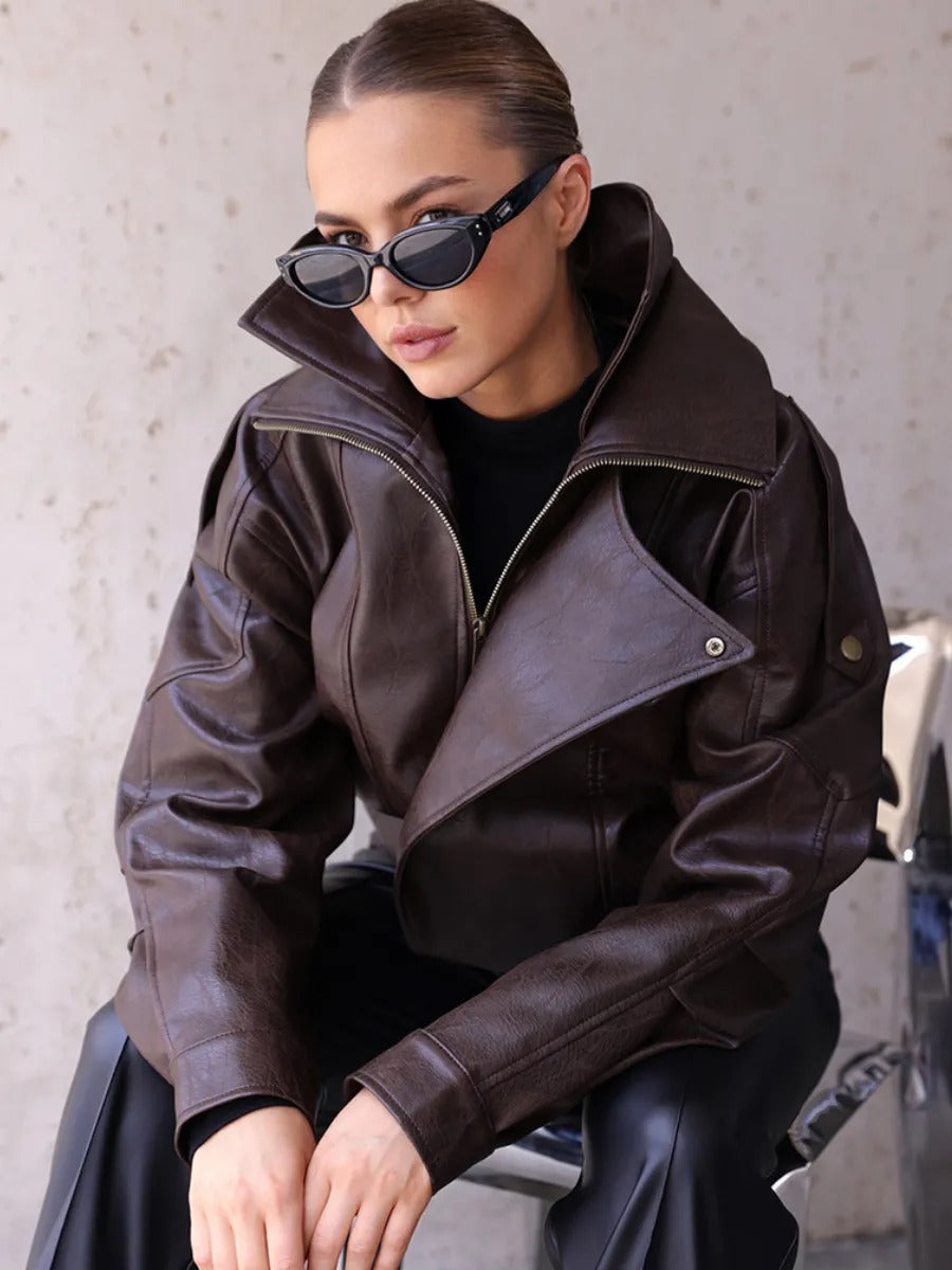 Women’s Luxury Brown Belted Sheep Leather Jacket – High Collar Biker Style
