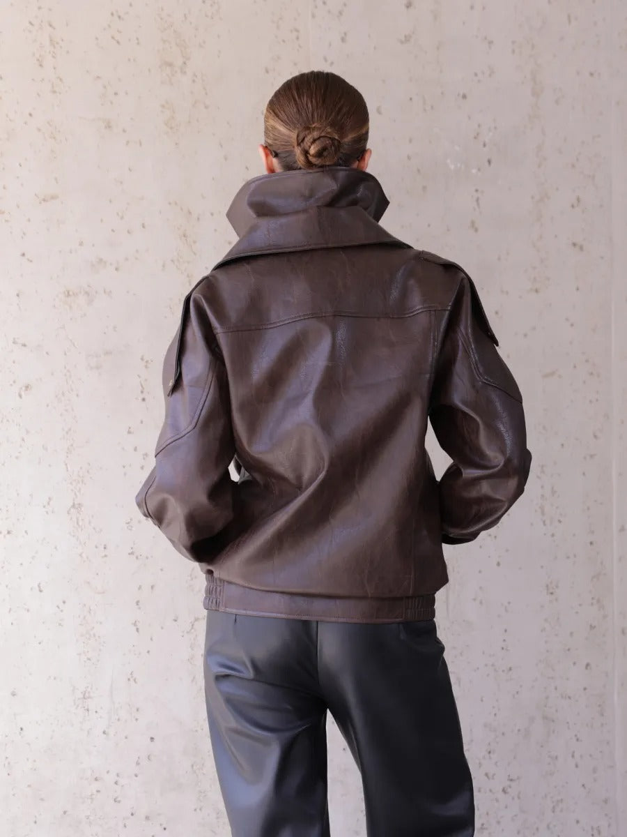 Women’s Luxury Brown Belted Sheep Leather Jacket – High Collar Biker Style