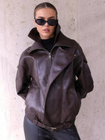 Women’s Luxury Brown Belted Sheep Leather Jacket – High Collar Biker Style