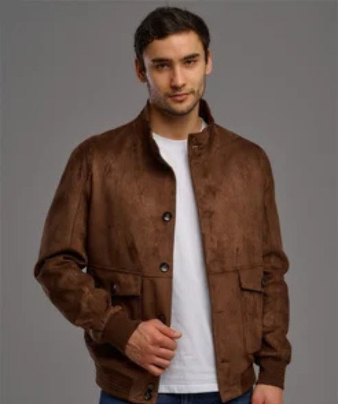 Men’s Brown Suede Leather Jacket Classic Button-Up