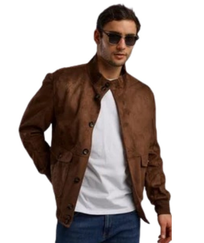 Men’s Brown Suede Leather Jacket Classic Button-Up