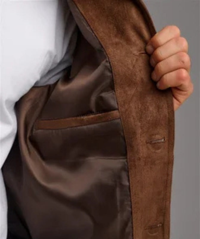 Men’s Brown Suede Leather Jacket Classic Button-Up