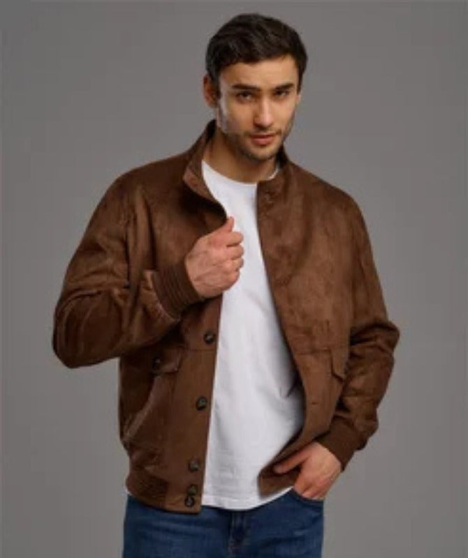 Men’s Brown Suede Leather Jacket Classic Button-Up