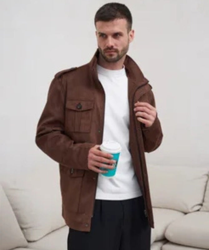 Men’s Brown Field Suede Leather Jacket |Military-Inspired Multi-Pocket Design