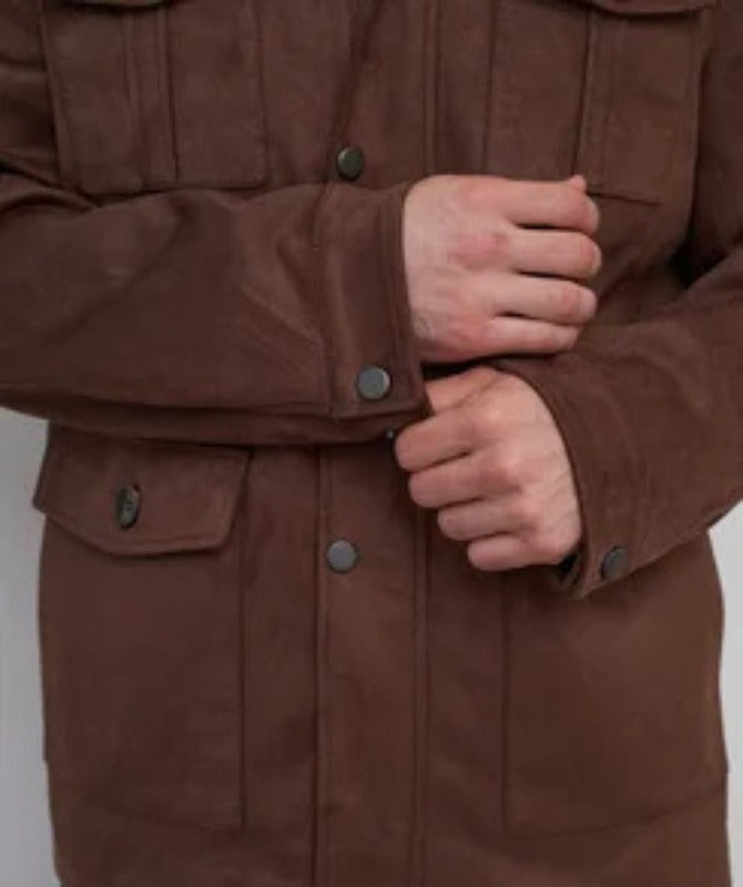 Men’s Brown Field Suede Leather Jacket |Military-Inspired Multi-Pocket Design