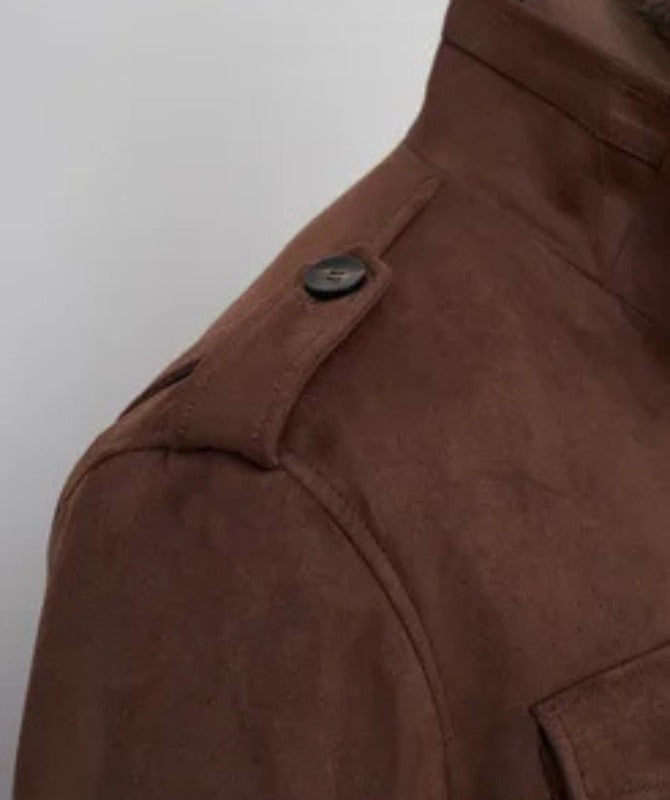 Men’s Brown Field Suede Leather Jacket |Military-Inspired Multi-Pocket Design