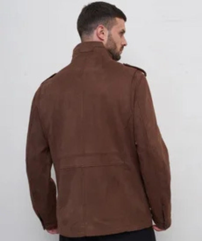 Men’s Brown Field Suede Leather Jacket |Military-Inspired Multi-Pocket Design