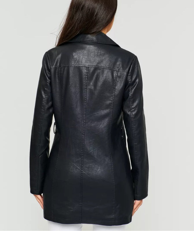 Women’s Black Genuine Sheep Leather Belted Biker Jacket – Long Zip-Up Moto Style Coat