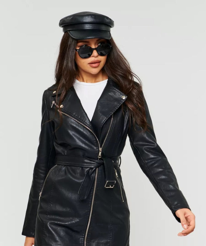 Women’s Black Genuine Sheep Leather Belted Biker Jacket – Long Zip-Up Moto Style Coat
