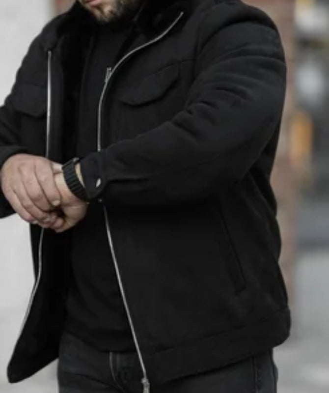Men’s Black Fur Collar Winter Jacket – Warm Casual Streetwear Zip-Up Coat JWLeather