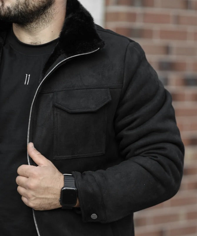 Men’s Black Fur Collar Winter Jacket – Warm Casual Streetwear Zip-Up Coat JWLeather