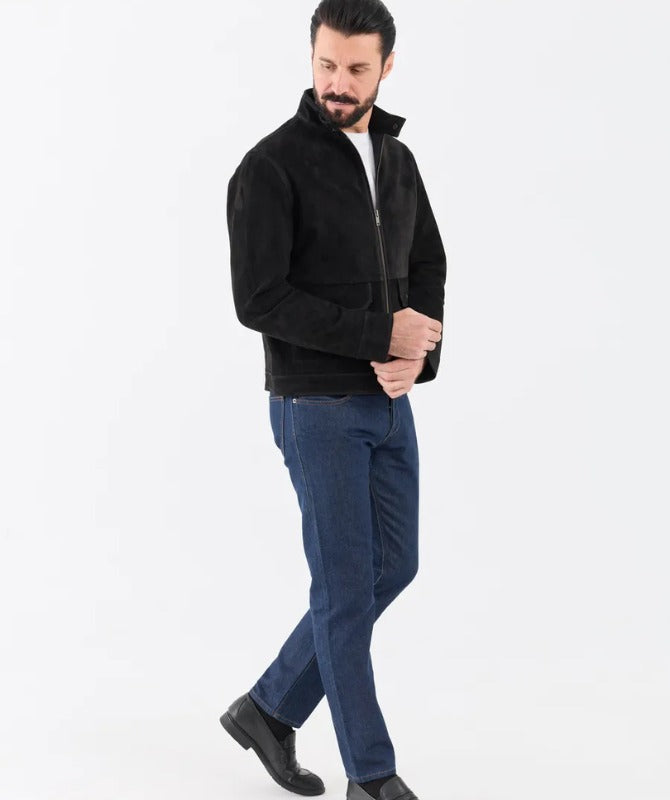 Men’s Black Suede Leather Jacket  Classic Zip-Up Winter Outerwear