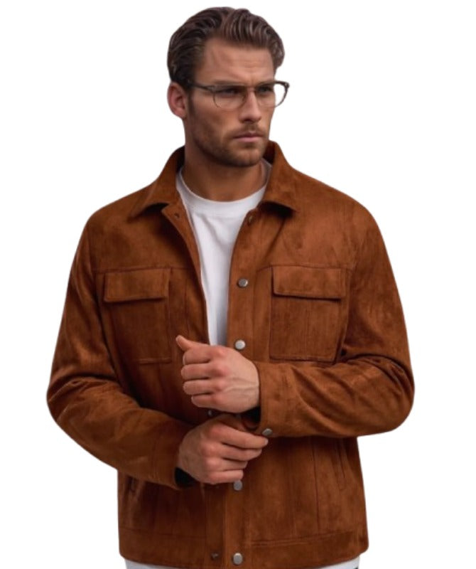 Men’s Brown Suede Leather Jacket  Classic Button-Up Vintage Style