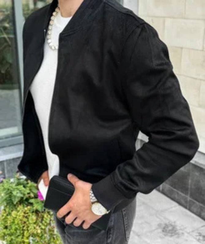 Men’s Black Suede Jacket  Minimal Classic Casual Jacket Lightweight Streetwear Outerwear