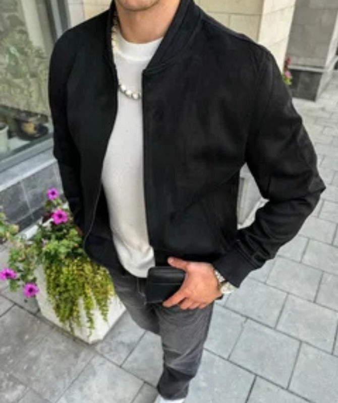 Men’s Black Suede Jacket  Minimal Classic Casual Jacket Lightweight Streetwear Outerwear
