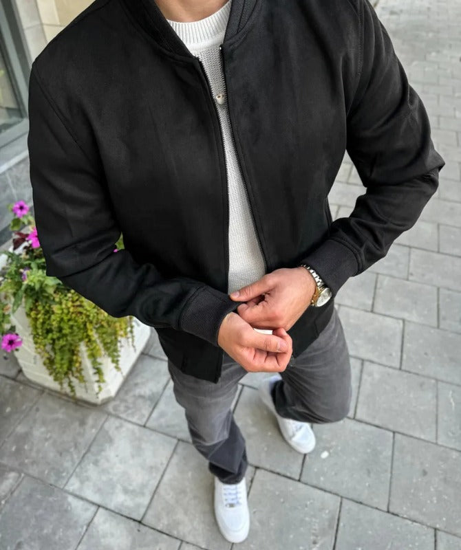 Men’s Black Suede Jacket  Minimal Classic Casual Jacket Lightweight Streetwear Outerwear