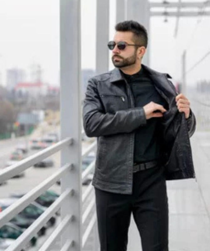 Men’s Black Faux Leather Jacket – Slim Fit Moto Style with Zipper Pockets