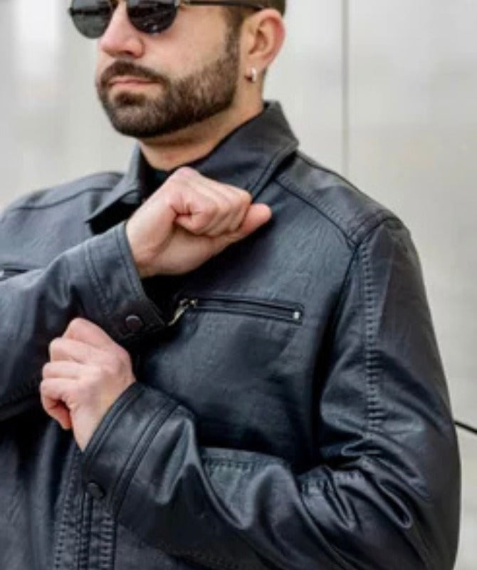 Men’s Black Faux Leather Jacket – Slim Fit Moto Style with Zipper Pockets