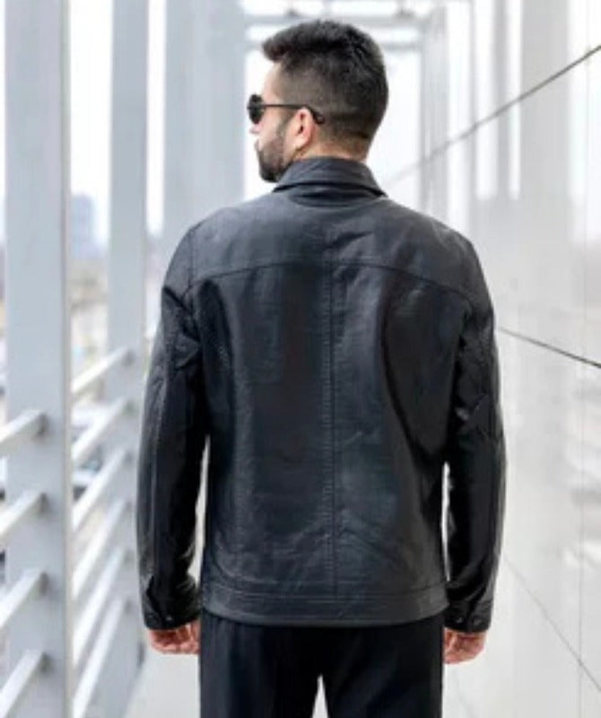 Men’s Black Faux Leather Jacket – Slim Fit Moto Style with Zipper Pockets