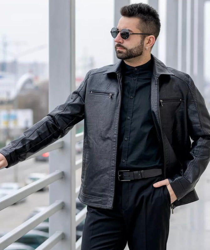 Men’s Black Faux Leather Jacket – Slim Fit Moto Style with Zipper Pockets