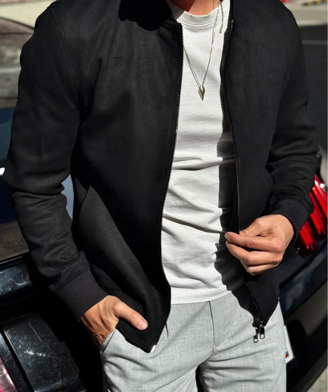 Men’s Grey Suede Bomber Jacket Lightweight Casual Streetwear Zip-Up