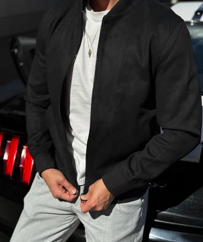 Men’s Grey Suede Bomber Jacket Lightweight Casual Streetwear Zip-Up