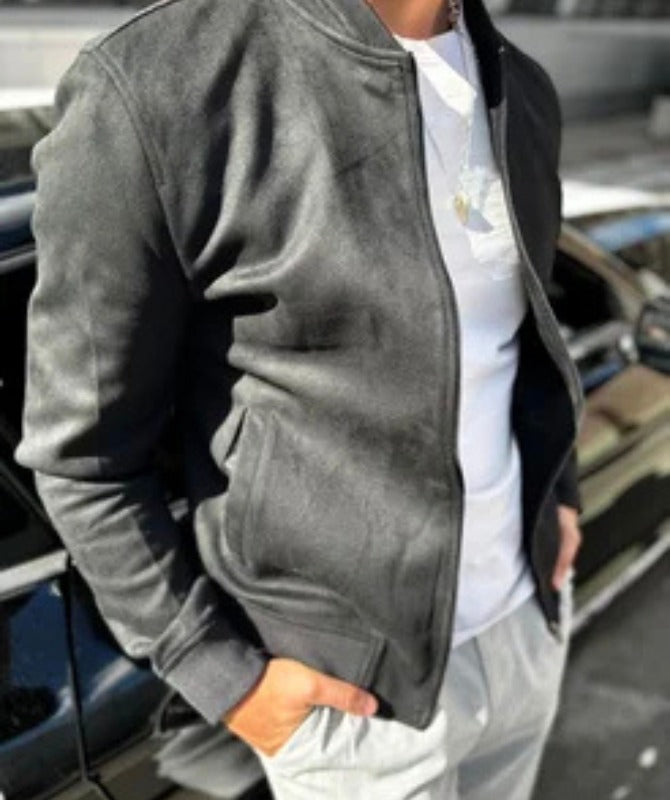 Men’s Grey Suede Bomber Jacket Lightweight Casual Streetwear Zip-Up