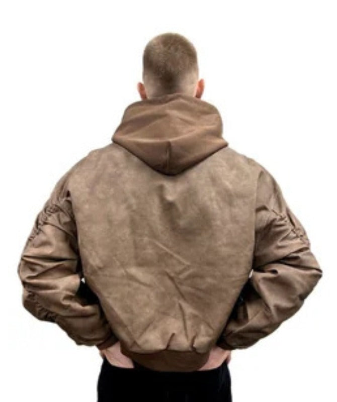 Men’s Brown Hooded Sheep Leather Bomber Jacket | Casual Streetwear Style