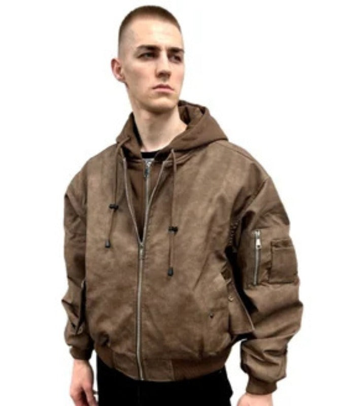 Men’s Brown Hooded Sheep Leather Bomber Jacket | Casual Streetwear Style