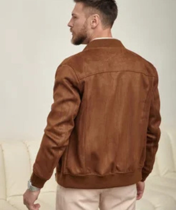 Men’s Brown Suede Bomber Jacket – Classic Lightweight Casual Outerwear